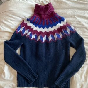 J.Crew Navy and Burgundy Fair Isle Turtleneck Wool Sweater in Supersoft Yarn